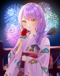 Rule 34 | 1girl, :p, absurdres, aerial fireworks, braid, candy apple, demon tail, ear piercing, fireworks, food, green eyes, highres, holding, holding food, hololive, hoshino reiji, japanese clothes, kimono, long hair, obi, parted lips, piercing, purple hair, sash, solo, tail, tail ornament, tail piercing, tokoyami towa, tongue, tongue out, virtual youtuber, yukata