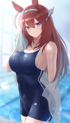 Rule 34 | 1girl, absurdres, animal ears, bare arms, bare shoulders, blue eyes, blue one-piece swimsuit, blush, breasts, brown hair, cleavage, competition school swimsuit, covered navel, cowboy shot, drying, drying hair, grey hairband, hairband, highres, hiroserii, horse ears, large breasts, long hair, looking at viewer, mihono bourbon (umamusume), one-piece swimsuit, parted lips, school swimsuit, skin tight, solo, straight hair, swimsuit, towel, umamusume, very long hair, wet, wet clothes, wet swimsuit