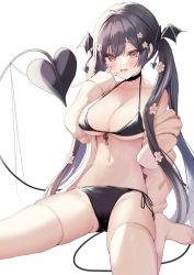 Rule 34 | 1girl, :d, ayuma sayu, bare shoulders, bikini, black bikini, black choker, black hair, breasts, choker, cleavage, collarbone, demon tail, fang, flower, front-tie bikini top, front-tie top, hair flower, hair ornament, halterneck, hand up, highres, jacket, large breasts, long hair, long sleeves, looking at viewer, navel, no shoes, off shoulder, open clothes, open jacket, open mouth, original, red eyes, side-tie bikini bottom, simple background, sitting, skindentation, smile, solo, stomach, string bikini, swimsuit, tail, tail raised, thighhighs, thighs, twintails, very long hair, wariza, white background, white jacket, white thighhighs