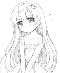 Rule 34 | 1girl, blush, bow, closed mouth, collarbone, dress, greyscale, hair between eyes, hair bow, hairband, highres, light frown, long hair, looking at viewer, monochrome, original, own hands together, riria (happy strawberry), simple background, sleeveless, sleeveless dress, solo, strap slip, translation request, v arms, very long hair, white background