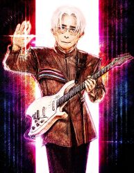 Rule 34 | 1boy, glasses, guitar, highres, hirasawa susumu, holding, holding guitar, holding instrument, instrument, jacket, light, real life, solo, standing, white hair