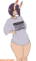 Rule 34 | 1girl, absurdres, arms behind back, clothes writing, eyelashes, eyeliner, fang, fate/grand order, fate (series), flat color, half-closed eyes, highres, horns, lips, looking at viewer, makeup, no pants, oni, parted lips, pink eyes, purple hair, seductive smile, shirt, short eyebrows, short hair, shuten douji (fate), simple background, skin-covered horns, smile, solo, standing, stopu, watermark, web address, white background