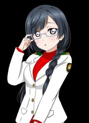 Rule 34 | 1girl, :o, adjusting glasses, alternate hairstyle, artist name, artist request, black background, black hair, blue hair, blush, braid, breasts, buttons, cardigan, dark blue hair, female focus, glasses, grey eyes, hair over shoulder, jacket, long hair, long sleeves, looking at viewer, love live!, love live! nijigasaki high school idol club, nakagawa nana, parted lips, red shirt, shirt, small breasts, smile, solo, twin braids, twintails, upper body, white cardigan, white jacket, yuki setsuna (love live!)