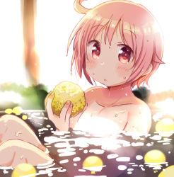 Rule 34 | 1girl, :o, ahoge, blurry, blurry background, blush, collarbone, commentary request, completely nude, convenient censoring, dripping, fingernails, flat chest, food, fruit, highres, holding, holding food, holding fruit, light censor, looking at viewer, name connection, nonohara yuzuko, nude, object namesake, onsen, outdoors, partially submerged, petals, petals on liquid, pink eyes, pink hair, short hair, smile, solo, sunlight, tatsunokosso, water, water drop, wet, wet hair, yuyushiki, yuzu (fruit), yuzu bath