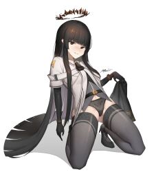 Rule 34 | 1girl, absurdres, arknights, artist name, ascot, belt, belt buckle, black ascot, black belt, black bustier, black eyes, black footwear, black gloves, black hair, black halo, black panties, black skirt, black thighhighs, blunt bangs, blush, bright pupils, broken halo, buckle, bustier, buttons, cameltoe, collared jacket, colored inner hair, commentary request, content rating, dark halo, dress shirt, from side, front-print panties, full body, gloves, grey hair, grey shirt, groin, hair flowing over, hair spread out, halo, hand up, head tilt, heel up, high heels, highres, hime cut, holding, holding clothes, holding skirt, impasto, invisible floor, jacket, kneeling, layered sleeves, leaning, leaning back, long hair, long sleeves, looking at viewer, looking to the side, midriff peek, miniskirt, mole, mole under eye, multicolored hair, naughty face, navel, nose blush, pale skin, panties, parted lips, pleated skirt, presenting, presenting pussy, print panties, shadow, shirt, short over long sleeves, short-sleeved jacket, short sleeves, sidelocks, sideways glance, signature, simple background, skindentation, skirt, smile, smirk, solo, spread legs, steaming body, stomach, straight hair, strappy heels, sweat, tachi-e, tayu (tayu114514), teeth, thighhighs, thighs, two-tone hair, underwear, unworn skirt, variant set, very long hair, virtuosa (arknights), white background, white belt, white jacket, white pupils, wide sleeves, wing collar