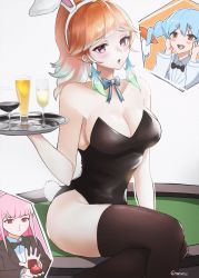 Rule 34 | 3girls, alcohol, alternate costume, alternate hairstyle, animal ears, beer, black legwear, black leotard, blue hair, blue neckwear, blush, bow, bowtie, braid, breasts, casino card table, champagne, cleavage, cup, drinking glass, fake animal ears, fake tail, formal, glass, happy, highres, hololive, hololive english, jealous, jewelry, large breasts, leotard, long hair, marriage proposal, medium breasts, mori calliope, multicolored hair, multiple girls, open mouth, orange eyes, orange hair, ornate ring, pink eyes, pink hair, playboy bunny, ponytail, rabbit ears, rabbit tail, red eyes, red hair, ring, sad, smile, strapless, strapless leotard, suit, table, tail, takanashi kiara, thighhighs, tommy (kingdukeee), tuxedo, twin braids, twitter username, usada pekora, virtual youtuber, wedding ring, white suit, wine, wine glass, yuri