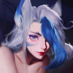 Rule 34 | 1girl, animal ears, bare shoulders, blue hair, closed mouth, collarbone, eyelashes, hair over one eye, league of legends, long hair, looking at viewer, makeup, mascara, mole, mole under eye, multicolored hair, one eye covered, portrait, purple eyes, r.keensies, red lips, sanpaku, simple background, smile, solo, streaked hair, two-tone hair, white hair, xayah