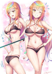 Rule 34 | 1girl, ass, bare shoulders, bikini, blonde hair, blush, bracelet, breasts, from behind, grin, highres, jewelry, large breasts, long hair, looking at viewer, mole, mole on breast, motion lines, multiple views, nail polish, natsusora aona, novady, one eye closed, open mouth, original, shiny clothes, shiny skin, sideboob, smile, swimsuit, tattoo, translation request, very long hair, wink, yellow eyes