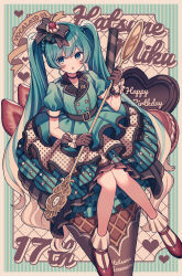 1girl :o alternate_costume amagi_hana aqua_eyes aqua_hair black_choker blue_eyes blue_hair blush bow buttons choker double-breasted dress food frilled_dress frills hair_between_eyes hair_bow hair_ornament happy_birthday hatsune_miku highres ice_cream long_hair looking_at_viewer mary_janes multicolored_hair open_mouth oversized_spoon polka_dot puffy_short_sleeves puffy_sleeves red_footwear shoes short_sleeves sitting_on_food socks solo striped_clothes twintails two-tone_hair very_long_hair vocaloid white_hair white_socks