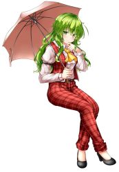 Rule 34 | 1girl, aka tawashi, arm belt, ascot, belt, black footwear, blush, breasts, commentary request, finger to own chin, full body, green eyes, green hair, hair between eyes, hand up, high heels, highres, holding, holding umbrella, invisible chair, juliet sleeves, kazami yuuka, kazami yuuka (pc-98), long hair, long sleeves, looking at viewer, medium breasts, pants, pink umbrella, plaid, plaid pants, plaid skirt, puffy sleeves, red pants, red vest, shirt, shirt tucked in, sitting, skirt, smile, solo, thighs, touhou, touhou (pc-98), umbrella, vest, white shirt, wing collar, yellow ascot