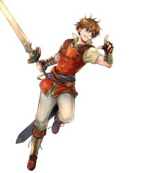 Rule 34 | 1boy, attack, brown eyes, brown gloves, brown hair, clenched teeth, edward (fire emblem), fingerless gloves, fire emblem, fire emblem: radiant dawn, fire emblem heroes, gloves, highres, holding, holding sword, holding weapon, nintendo, non-web source, official art, scabbard, sheath, solo, sword, teeth, v-shaped eyebrows, weapon