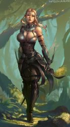 Rule 34 | 1girl, armor, artist name, bare shoulders, blonde hair, breasts, cleavage, commission, cutesexyrobutts, divinity: original sin, divinity: original sin 2, elf, forest, highres, hip focus, large breasts, lips, long hair, looking at viewer, nature, pointy ears, red eyes, sebille, signature, solo, standing, thighs, tree