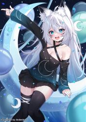 Rule 34 | 1girl, :d, ahoge, animal ear fluff, animal ears, aqua eyes, ardenlolo, arm strap, arm support, artist name, balloon, birthday, black choker, black shirt, black skirt, black thighhighs, blue eyes, blue nails, blue shirt, blush, breasts, choker, cleavage, collarbone, commission, constellation print, constellation request, crescent moon, english text, facial mark, fox ears, fox girl, fox tail, gradient shirt, hair between eyes, hand up, highres, indie virtual youtuber, long hair, looking at viewer, medium breasts, moon, moon print, mysticlight (vtuber), nail polish, night, night sky, off-shoulder shirt, off shoulder, open mouth, outstretched arm, pleated skirt, pointing, pointing to the side, shirt, single bare shoulder, skindentation, skirt, sky, sleeves past wrists, smile, solo, star (sky), star (symbol), starry sky, tail, thigh strap, thighhighs, virtual youtuber, white hair, zettai ryouiki