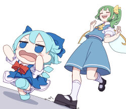 Rule 34 | 2girls, :d, absurdres, ascot, black footwear, black hair, blue dress, blue shirt, blue skirt, blush, bow, bowtie, cirno, closed eyes, daiyousei, dress, facing away, foot up, full body, fumo (doll), green hair, hair bow, hands up, highres, kame (kamepan44231), layered shirt, long bangs, multiple girls, one-hour drawing challenge, open mouth, pinafore dress, raised eyebrows, red bow, red bowtie, shirt, shoes, short sleeves, side ponytail, sidelocks, skirt, sleeveless, sleeveless dress, smile, socks, touhou, v-shaped eyebrows, walking, white shirt, white socks, wings, wrinkled skin, yellow ascot, yellow bow