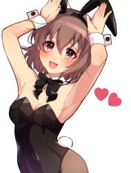Rule 34 | animal ears, armpits, arms up, black bow, black bowtie, black leotard, blush, bow, bowtie, breasts, brown eyes, brown hair, cleavage, commentary request, detached collar, eyebrows, fake animal ears, fake tail, fishnet pantyhose, fishnets, hair between eyes, heart, highres, idolmaster, idolmaster cinderella girls, kita hinako, leotard, looking at viewer, medium breasts, open mouth, pantyhose, playboy bunny, pmoufu, rabbit ears, rabbit pose, rabbit tail, short hair, smile, solo, tail, white background, wrist cuffs
