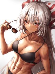 Rule 34 | 1girl, abs, absurdres, bikini, black bikini, bow, breasts, cleavage, unworn eyewear, fujiwara no mokou, hair bow, highres, holding, holding removed eyewear, large breasts, long hair, looking at viewer, multicolored bow, muscular, muscular female, navel, open mouth, red eyes, simple background, solo, sunglasses, swimsuit, tan, touhou, upper body, very long hair, waramori fuzuka, white background, white hair