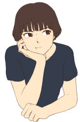 Rule 34 | 1girl, bob cut, breasts, brown eyes, brown hair, closed mouth, commentary request, gake no ue no ponyo, graphite (medium), jas (littlecrime), lisa (ponyo), shirt, short hair, simple background, solo, studio ghibli, traditional media, white background