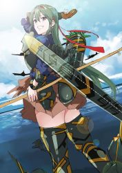 Rule 34 | 10s, 1girl, alternate hair length, alternate hairstyle, boots, bow (weapon), cloud, day, earrings, flight deck, grey hair, grin, headband, heart-shaped lock, highres, jewelry, kantai collection, lock, lock earrings, long hair, muneate, outdoors, ruuto (sorufu), skirt, sky, smile, solo, thigh boots, thighhighs, weapon, zuikaku (kancolle)