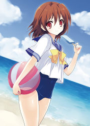 Rule 34 | ball, beach, beachball, brown hair, day, food, highres, no pants, one-piece swimsuit, popsicle, red eyes, school swimsuit, school uniform, short hair, solo, swimsuit, swimsuit under clothes, yukiwo