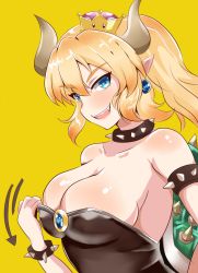 Rule 34 | 1girl, arlonn, armlet, arrow (symbol), bare shoulders, black collar, blonde hair, blue eyes, borrowed design, bowsette, bracelet, breasts, brooch, cleavage, clothes pull, collar, commentary, crown, dress, dress pull, earrings, horns, jewelry, large breasts, long hair, looking at viewer, mario (series), motion lines, new super mario bros. u deluxe, nintendo, open mouth, pointy ears, ponytail, pulling own clothes, sharp teeth, simple background, smile, solo, spiked armlet, spiked bracelet, spiked collar, spiked shell, spikes, standing, strapless, strapless dress, super crown, teeth, tilted headwear, turtle shell, yellow background