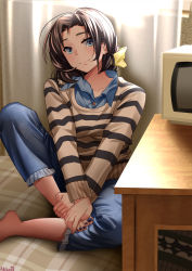 Rule 34 | 1girl, absurdres, aki (1360505188), barefoot, beige sweater, blouse, blue eyes, blue shirt, brown hair, capri pants, collarbone, commentary request, curtains, denim, frills, hair ornament, highres, holding own foot, jeans, long sleeves, looking at viewer, nail polish, original, pants, shirt, sitting, smile, solo, striped clothes, striped sweater, sweater, table, toenail polish, toenails