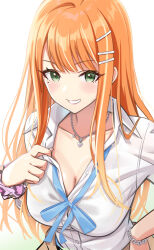 Rule 34 | 1girl, adjusting shirt, animal print, blue bow, blue bowtie, blush, bow, bowtie, breasts, chain, chain bracelet, cleavage, clothes around waist, collarbone, collared shirt, commentary request, dress shirt, gakuen idolmaster, green eyes, grin, gyaru, hair ornament, hairclip, hand on own hip, heart, heart necklace, idolmaster, jewelry, leopard print, long hair, looking at viewer, loose bowtie, medium breasts, mole, mole under eye, multicolored hair, necklace, orange hair, partially unbuttoned, pink scrunchie, print scrunchie, school uniform, scrunchie, shirt, shiun sumika, smile, solo, streaked hair, sweater, sweater around waist, upper body, urabi (tomatohouse), white shirt, wrist scrunchie