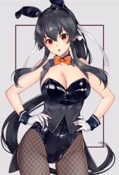 Rule 34 | 1girl, animal costume, animal ears, black hair, black leotard, black pantyhose, blush, bow, bowtie, breasts, cleavage, cowboy shot, detached collar, fake animal ears, fishnet pantyhose, fishnets, gloves, hair between eyes, hands on own hips, ichinomiya (blantte), kantai collection, large breasts, leotard, long hair, open mouth, orange bow, orange bowtie, pantyhose, playboy bunny, ponytail, rabbit ears, red eyes, solo, white gloves, yahagi (kancolle)