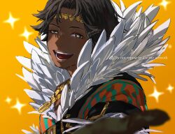 Rule 34 | 1boy, 91007, black hair, brown eyes, circlet, dark-skinned male, dark skin, feather trim, feathers, fire emblem, fire emblem engage, fogado (fire emblem), jewelry, looking at viewer, male focus, nintendo, open mouth, short hair, simple background, smile, solo, sparkle, sparkling eyes, yellow background