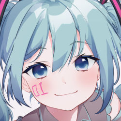 Rule 34 | 1girl, :3, bare shoulders, beddo712140, blue eyes, blue hair, close-up, commentary request, facial tattoo, grey shirt, hair ornament, hatsune miku, highres, korean commentary, looking at viewer, mixed-language commentary, number tattoo, portrait, shirt, smile, smug, solo, tattoo, vocaloid, white background
