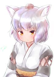 Rule 34 | 1girl, animal ear fluff, animal ears, artist name, blush, breasts, closed mouth, dated, female focus, hat, highres, inubashiri momiji, japanese clothes, katsura dendou, kimono, long sleeves, looking at viewer, obi, orange eyes, red hat, sash, sidelocks, signature, simple background, sketch, small breasts, solo, standing, thick eyebrows, tokin hat, touhou, upper body, v-shaped eyebrows, white background, white kimono, wolf ears