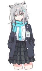 Rule 34 | 1girl, animal ear fluff, animal ears, black jacket, black skirt, blue archive, blue necktie, breast pocket, cat ears, closed mouth, cropped legs, cross hair ornament, green eyes, grey hair, hair ornament, hands in pockets, highres, jacket, looking at viewer, matsuda hikari, medium hair, mismatched pupils, necktie, open clothes, open jacket, pocket, scarf, shiroko (blue archive), shirt, shirt tucked in, simple background, skirt, solo, white background, white shirt