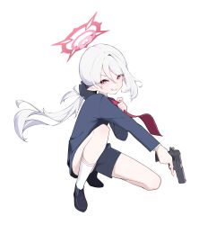 Rule 34 | 1girl, absurdres, black footwear, black shorts, blue archive, blush, formal, full body, grey hair, grin, gun, halo, highres, holding, holding gun, holding weapon, long hair, long sleeves, looking at viewer, mona kkkk, mutsuki (blue archive), mutsuki (suit) (blue archive), necktie, official alternate costume, pointy ears, ponytail, purple eyes, red halo, red necktie, shoes, shorts, simple background, smile, socks, solo, suit, weapon, white background, white socks