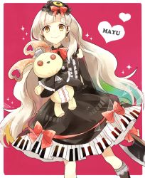 Rule 34 | 1girl, axe, blonde hair, bow, character name, doll, dress, elbow gloves, gloves, hair ornament, kneehighs, lolita fashion, long hair, looking at viewer, mayu (vocaloid), piano print, smile, socks, solo, stuffed animal, stuffed rabbit, stuffed toy, usano mimi, vocaloid, waltz (tram), weapon, yellow eyes