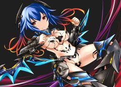 Rule 34 | 1girl, arm guards, armor, armored boots, black background, blue hair, boots, breasts, brown eyes, clenched hands, clenched teeth, covered erect nipples, gradient hair, groin, highres, long hair, looking at viewer, midriff, multicolored hair, navel, open mouth, phantasy star, phantasy star online 2, quna (pso2), simple background, solo, teeth, thigh boots, thighhighs, yoshimo, zelsius