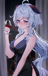Rule 34 | 1girl, ahoge, alcohol, alternate costume, bad id, bad twitter id, bare arms, bare shoulders, black dress, black panties, blue hair, blurry, blurry background, breasts, cleavage, commentary, cup, curtains, dress, drinking glass, drunk, fingernails, ganyu (genshin impact), genshin impact, goat horns, gradient eyes, halter dress, halterneck, highres, horns, indoors, large breasts, long fingernails, long hair, low ponytail, multicolored eyes, nail polish, panties, panty straps, purple eyes, red nails, side slit, sleeveless, sleeveless dress, solo, ueng, underwear, very long hair, window, wine, wine glass