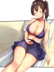 Rule 34 | 10s, 1girl, absurdres, alternate costume, baffu, bikini, bikini top only, blue bikini, blue skirt, blush, breasts, brown hair, chair, cleavage, collarbone, closed eyes, highres, kaga (kancolle), kantai collection, large breasts, lounge chair, lying, navel, on back, ponytail, sand, skirt, smile, solo, swimsuit