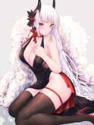 Rule 34 | 1girl, absurdres, azur lane, bare shoulders, black dress, black thighhighs, blush, bow, bowtie, breasts, choker, cleavage, closed mouth, collarbone, commission, dress, feather boa, hair ornament, high heels, highres, horns, lips, long hair, looking at viewer, medium breasts, official alternate costume, on floor, purple eyes, red bow, red footwear, simple background, skeb commission, solo, thighhighs, thighs, white hair, yagi (yagi5art), yorck (azur lane), yorck (breaker under the blood moon) (azur lane)