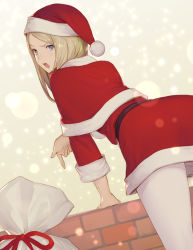 Rule 34 | 1girl, arm support, bag, blonde hair, blue eyes, commentary request, from behind, hat, km yama, leaning forward, long hair, looking at viewer, open mouth, original, pantyhose, pointing, red hat, santa costume, santa hat, solo, standing, wall, white pantyhose