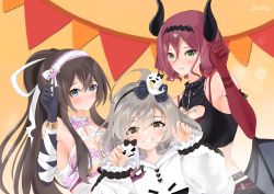 Rule 34 | 3girls, ahoge, aqua eyes, arm garter, artist name, assault lily, bad id, bad twitter id, bandaged arm, bandaged neck, bandages, bangle, bare shoulders, bat wings, black gloves, black hairband, black horns, black shirt, black skirt, bow, bracelet, breasts, brown hair, budget sarashi, chest sarashi, claw pose, cleavage, cleavage cutout, closed mouth, clothing cutout, commentary request, crop top, demon costume, demon horns, elbow gloves, fake horns, fake wings, frilled sleeves, frills, garter belt, ghost hair ornament, ghost print, gloves, gradient background, green eyes, grey hair, grin, hair between eyes, hair ribbon, hairband, halloween costume, hand up, hands up, hatsukano you, heart cutout, high ponytail, highres, hood, hood down, hoodie, horns, jewelry, long hair, long sleeves, looking at viewer, low wings, medium breasts, midriff, multicolored hair, multiple girls, mummy costume, necklace, official alternate costume, orange background, parted lips, pendant, pennant, ponytail, print hoodie, puffy sleeves, red gloves, red hair, ribbon, sarashi, sasaki ran, serizawa chikaru, shirt, short hair, sidelocks, signature, skirt, sleeveless, sleeveless shirt, sleeves past wrists, smile, standing, streaked hair, string of flags, stuffed toy, torn ribbon, tsuyutsuwa, upper body, very long hair, white bow, white hairband, white hoodie, white ribbon, wings, yellow eyes