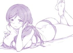 Rule 34 | 1girl, ass, barefoot, blush, bra, breasts, butt crack, cleavage, dimples of venus, duke (inu daimyou), feet up, hair ornament, hair scrunchie, head rest, large breasts, long hair, looking at viewer, love live!, love live! school idol project, lying, monochrome, on stomach, panties, purple theme, scrunchie, smile, solo, the pose, tojo nozomi, underwear, underwear only