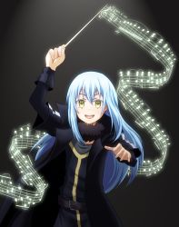 Rule 34 | 1other, :d, belt, belt buckle, black background, black belt, black coat, blue hair, buckle, coat, hair between eyes, highres, holding, holding wand, long hair, long sleeves, looking at viewer, open mouth, piyoniko72, rimuru tempest, smile, standing, straight hair, tensei shitara slime datta ken, very long hair, wand, yellow eyes