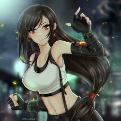Rule 34 | 1girl, absurdres, bare shoulders, black hair, black skirt, breasts, cleavage, collarbone, crop top, earrings, elbow pads, final fantasy, final fantasy vii, final fantasy vii remake, fingerless gloves, gloves, highres, jewelry, large breasts, long hair, looking at viewer, low-tied long hair, navel, red eyes, ryuuneart, shirt, skirt, smile, solo, square enix, suspender skirt, suspenders, tank top, taut clothes, taut shirt, tifa lockhart, white tank top