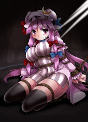 Rule 34 | 1girl, arms behind back, bdsm, black thighhighs, blush, bondage, bound, bound wrists, bow, breast bondage, breasts, cleave gag, cloth gag, crescent, female focus, gag, gagged, hair bow, hat, improvised gag, large breasts, lilish, patchouli knowledge, purple eyes, purple hair, slave, solo, sweat, tears, thighhighs, touhou