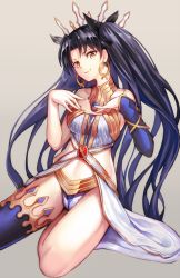 Rule 34 | &gt;:), 1girl, armlet, asymmetrical legwear, asymmetrical sleeves, bare arms, bare legs, bare shoulders, black hair, black ribbon, blue detached sleeves, blue thighhighs, breasts, brown eyes, closed mouth, clothing cutout, crown, detached sleeves, earrings, fate/grand order, fate (series), female focus, gem, grey background, hair intakes, hair ribbon, hands on own chest, head tilt, hidezi, highres, hoop earrings, ishtar (fate), jewelry, legs, long hair, looking at viewer, medium breasts, midriff, navel, navel cutout, neck, neck ring, panties, revealing clothes, ribbon, seiza, simple background, single sleeve, single thighhigh, sitting, smile, solo, stomach, strapless, thighhighs, thighlet, tohsaka rin, two side up, type-moon, underwear, uneven legwear, uneven sleeves, v-shaped eyebrows, very long hair, waist cape, white panties