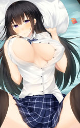 Rule 34 | 1girl, bed, black hair, blush, breasts, collared shirt, covered erect nipples, eyebrows, highres, kurasaki aya, large breasts, legs, long hair, looking at viewer, lying, on back, on bed, open clothes, original, pillow, pillow grab, plaid, plaid skirt, purple eyes, school uniform, shirt, skirt, skirt drape, smile, solo, spread legs, thighhighs, thighs, unaligned breasts, unbuttoned