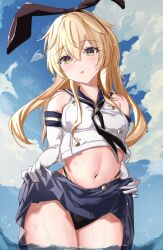 Rule 34 | 1girl, absurdres, black hairband, black panties, blonde hair, blue skirt, blue sky, clothes lift, cloud, commission, day, elbow gloves, gloves, hair between eyes, hairband, highres, kantai collection, lifted by self, long hair, looking at viewer, navel, outdoors, panties, partially submerged, pixiv commission, shimakaze (kancolle), skirt, skirt lift, sky, solo, thighs, underwear, vayneeeee, wet, white gloves, yellow eyes