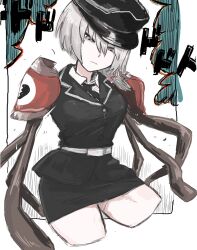 1girl belt black_hat black_jacket black_necktie black_skirt breasts broken_heart_print buttons closed_mouth collared_shirt commentary_request cookie_(touhou) cowboy_shot ein_(cookie) expressionless grey_eyes grey_hair haburashi hair_between_eyes hat highres izayoi_sakuya jacket long_bangs looking_down medium_breasts military_uniform miniskirt necktie pencil_skirt shirt short_hair skirt solo tentacle_arm touhou white_belt white_shirt