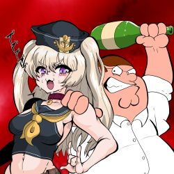 Rule 34 | 1boy, 1girl, :3, absurdres, anchor hat ornament, azur lane, bache (azur lane), black shirt, blonde hair, blush, bottle, breasts, brown hair, choker, collared shirt, commentary request, crop top, crossover, family guy, fat, fat man, glasses, great gonzales, hair between eyes, hand on another&#039;s shoulder, hat, hat ornament, highres, holding, holding bottle, long hair, looking at another, medium breasts, open mouth, peter griffin, purple eyes, round eyewear, sailor collar, sailor hat, shirt, sweat, nervous sweating, two side up, upper body, white shirt