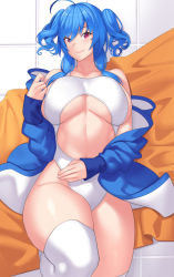 Rule 34 | 1girl, ahoge, azur lane, bare shoulders, blue hair, blue jacket, breasts, character cutout, collarbone, franham, from above, hand on own stomach, highres, jacket, large breasts, long hair, long sleeves, looking at viewer, lying, navel, off shoulder, on back, one-piece swimsuit, open clothes, open jacket, purple eyes, revealing clothes, sidelocks, smile, solo, st. louis (azur lane), swimsuit, thighhighs, thighs, twintails, underboob, white one-piece swimsuit, white thighhighs