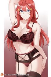 Rule 34 | 1girl, ahoge, armpits, aslindsamure, blue eyes, blush, bra, breasts, closed mouth, collarbone, commentary, go-toubun no hanayome, hair between eyes, hair ornament, hand on own hip, highres, large breasts, lingerie, long hair, looking at viewer, nakano itsuki, navel, panties, patreon username, red hair, simple background, skindentation, solo, star (symbol), star hair ornament, thighhighs, thighs, underwear, underwear only